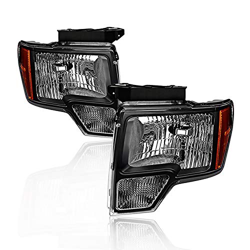 Headlights Assembly Replacement for Ford F 150 2009 2010 2011 2012 2013 2014 Black Housing Amber Corner Headlamps Driver and Passenger Side OE Replace # DL3Z13008A DL3Z13008B