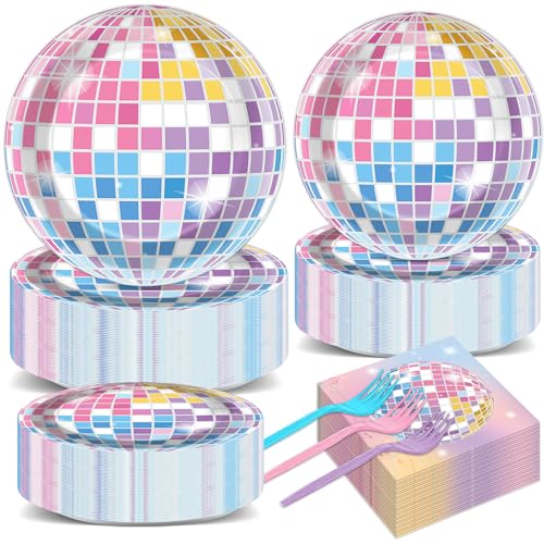 200 Pcs Singer Plates and Napkins Disco Ball Party Decorations Colorful Disco Ball Dessert Plates Music Themed Birthday Tableware for 50 Guests Music Lover Birthday Wedding Anniversary Party Supplies