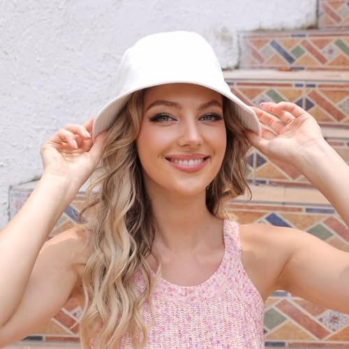 Image of Bucket Hat for Women Men, Reversible Cotton Summer Sun Beach Cap Solid Color Style