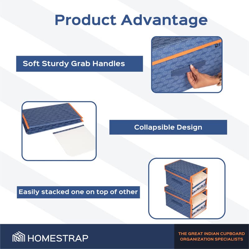 HomeStrap Set of 6 Printed Shirt Stacker Foldable Storage Organizer with Lid for Wardrobe | Almirah (Navy Blue with orange border) 2