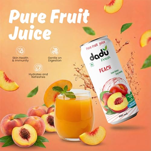 Image of Dadu Fresh Peach Juice | Pure Natural Fruit Healthy Beverage | Not from Concentrate, No Added Sugar, No Preservatives or Artificial Flavours | Vitamin Rich & Naturally Refreshing | 4 Cans x 320ml (1280ml)