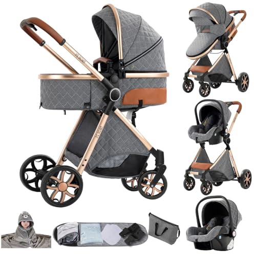 Cochecito de bebé reversible 3 en 1 con asiento de seguridad, capazo alto, capota ajustable y estructura de aluminio(gris)