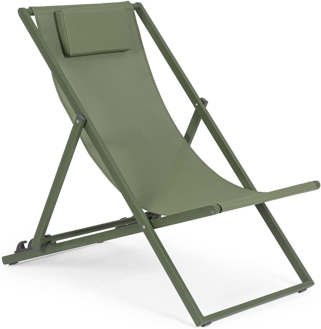 Sedia A Sdraio Pieghevole In Alluminio Verniciato Verde, Telo In texilene, Schienale Reclinabile 3 Posizioni, 60 x 101 x 35 Cm Per Giardino E Piscina