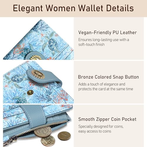 Image of Kelvoris Sea Turtle Small Rfid Women Wallet Bifold Zipper Coin Pocket | PU Leather Compact Cash Credit Card Holder Travel Purse for Female Ladies Teen Girls 1 ID Window 10 Card Slots