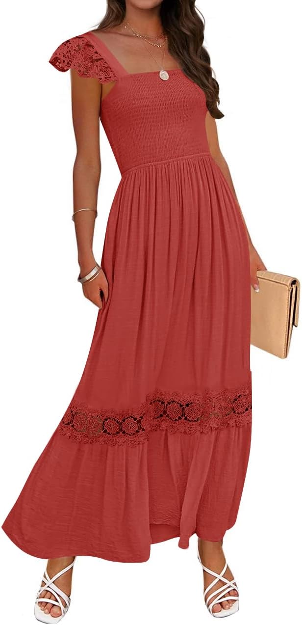 ZESICA Women's 2025 Summer Lace Strap Sleeveless Square Neck Smocked High Waist Ruffle Hollow Out Flowy A Line Maxi Dress