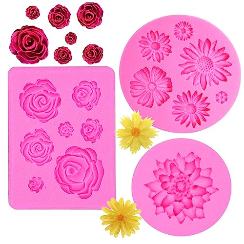 TCPENG 3-Piece Silicone Mould Set - Chocolate Rose, Daisy & 3D Flower Icing Moulds for Fondant, Wax Melts, Baking, Soap & Candy