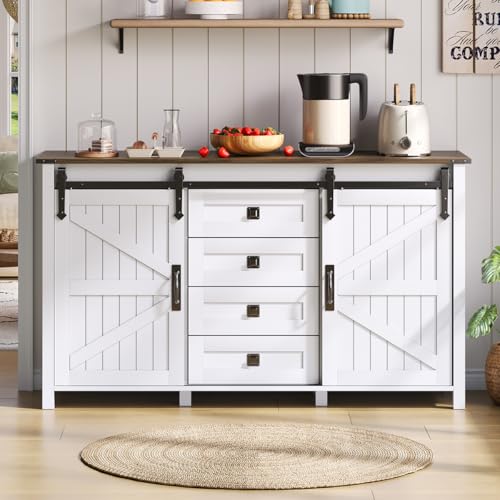 Hennhari Meuble Latéral De 137 cm avec Rangement, Enfilade Vintage avec Portes Coulissantes Et 4 Tiroirs, Meuble De Rangement Convient pour Cuisine, Salle À...