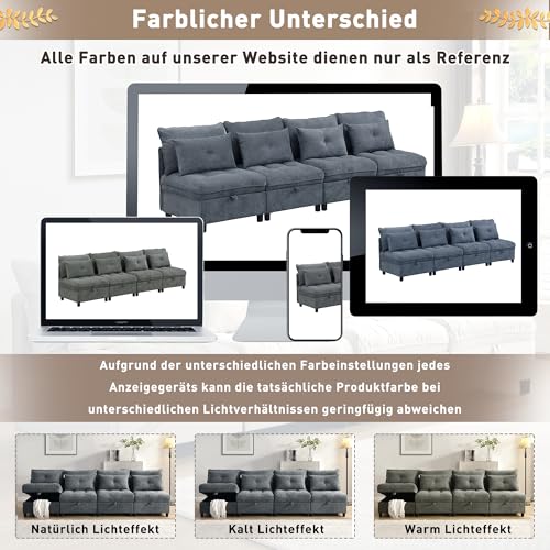 Modułowa 4-osobowa sofa, oddzielne elementy, zmienna powierzchnia do spania, obicie szenilowe, miejsce do przechowywania pod siedziskami, składane kieszenie, 8 poduszek, zestaw wypoczynkowy do salonu