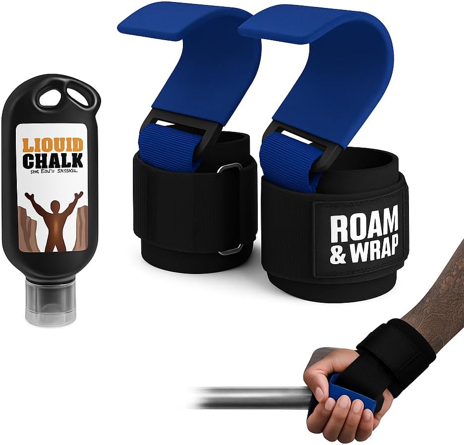 Roam & Wrap -Premium Weight Lifting Hooks for Deadlifts, Pull-Ups & Shrugs – Thick Neoprene Padding, Non-Slip Grip, Heavy Duty Wrist Support + Free 50ml Liquid Chalk