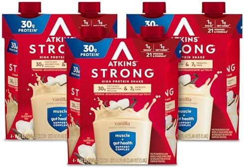 Atkins Strong High Protein Shake, Vanilla Flavored, 30g Protein, Low Carb and Low Sugar Shake, Keto Friendly, Gluten Free, Muscle and Gut Health Support Complex, 12 Count