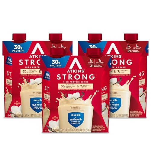 Atkins Strong High Protein Shake, Vanilla Flavored, 30g Protein, Low Carb and Low Sugar Shake, Keto Friendly, Gluten Free, Muscle and Gut Health Support Complex, 12 Count