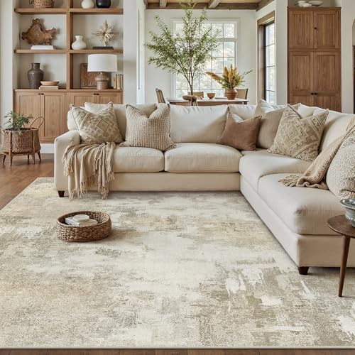 Beige Abstraktes Teppich Wohnzimmer 200x300cm rutschfest Kurzflor Kunstwolle Schlafzimmer Teppich Waschbar Minimalistisch Bettvorleger Teppiche für W