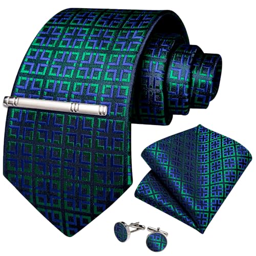 Image of DiBanGu Mens Silk Plaid Tie and Pocket Square Set | Elegant Silk Formal Tie Set, Woven Check Necktie and Cufflinks Tie Clip Set, Perfect for Wedding Party, Comes in Gift Box