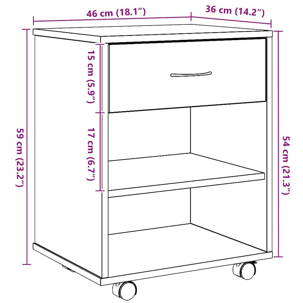 Contenedor con ruedas de madera de roble Artisan, 46 x 36 x 59 cm, con cajón y espacio de almacenamiento, armario de almacenamiento móvil con ruedas para oficina, salón, cocina y taller