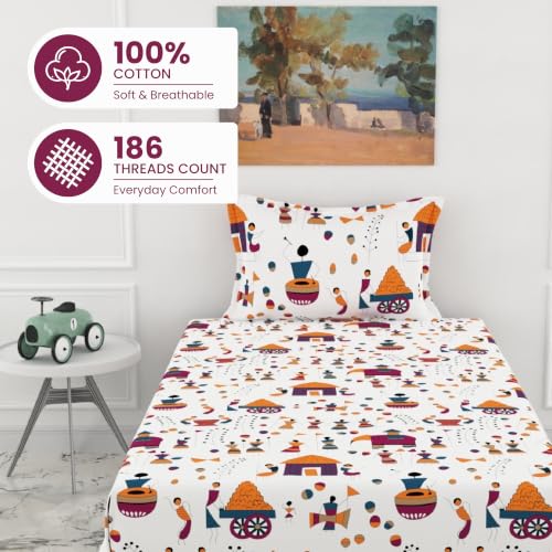 Image of LORETO - A QUALITY LINEN BRAND 186 TC 100% Pure Cotton Single Fitted Bedsheet with 1 Pillow Cover for 78 x 36 Inch Mattress, All-Around Elastic, 8 Inch Deep Pocket, Tribal Motifs