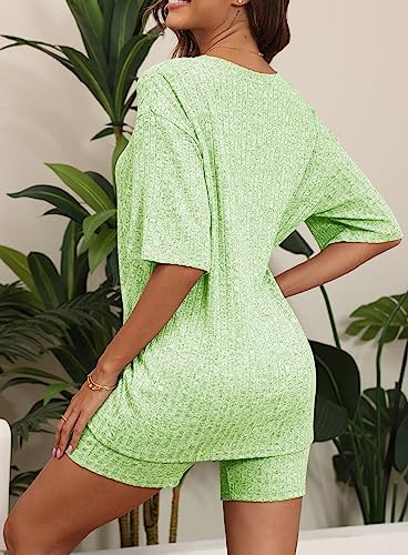 Bekofo Lounge Sweatsuits Tracksuits Women Short Sleeve Sets Matching Outfits Ribbed Knit Pajama Sets Pjs Tshirt And Bike Shorts For Summer Green Xx-Large #TOP2
