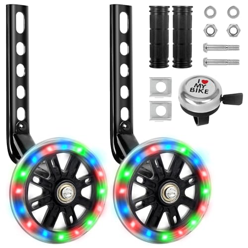 Kids Bike Stabilisers- Bicycle Training Wheels, 1 Pair Universal Bike Stabilisers Mute Flash Wheels with Adjustable Bikes Stabiliser Mounted Kit for 12 14 16 18 20 Inch Childs Bikes