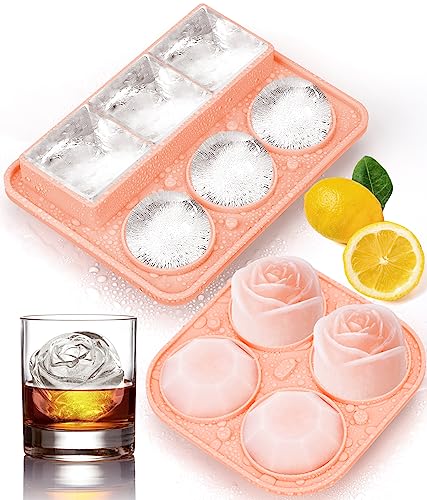 Ice Cube Trays with Lids, Large Silicone Ice Molds for Whiskey, Set of 2 | Make 2.5-inch round, square, rose and diamond ice that melts slower for whiskey, bourbon, cocktails and home bar party drinks