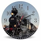 Mxocom Morning Train Wall Clock Old Steam Train Smoke Rairoad Sunrise 10 Inch Silent Non Ticking Battery Operated Clock Vintage Round Clock for Living Room Bedroom Bathroom Office Decor