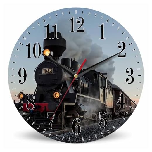 Mxocom Morning Train Wall Clock Old Steam Train Smoke Rairoad Sunrise 10 Inch Silent Non Ticking