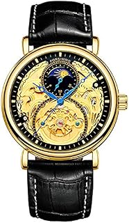 Mens Automatic Watches Gold Tourbillon Skeleton Watch Moon Phase Waterproof Stainless Steel Watch