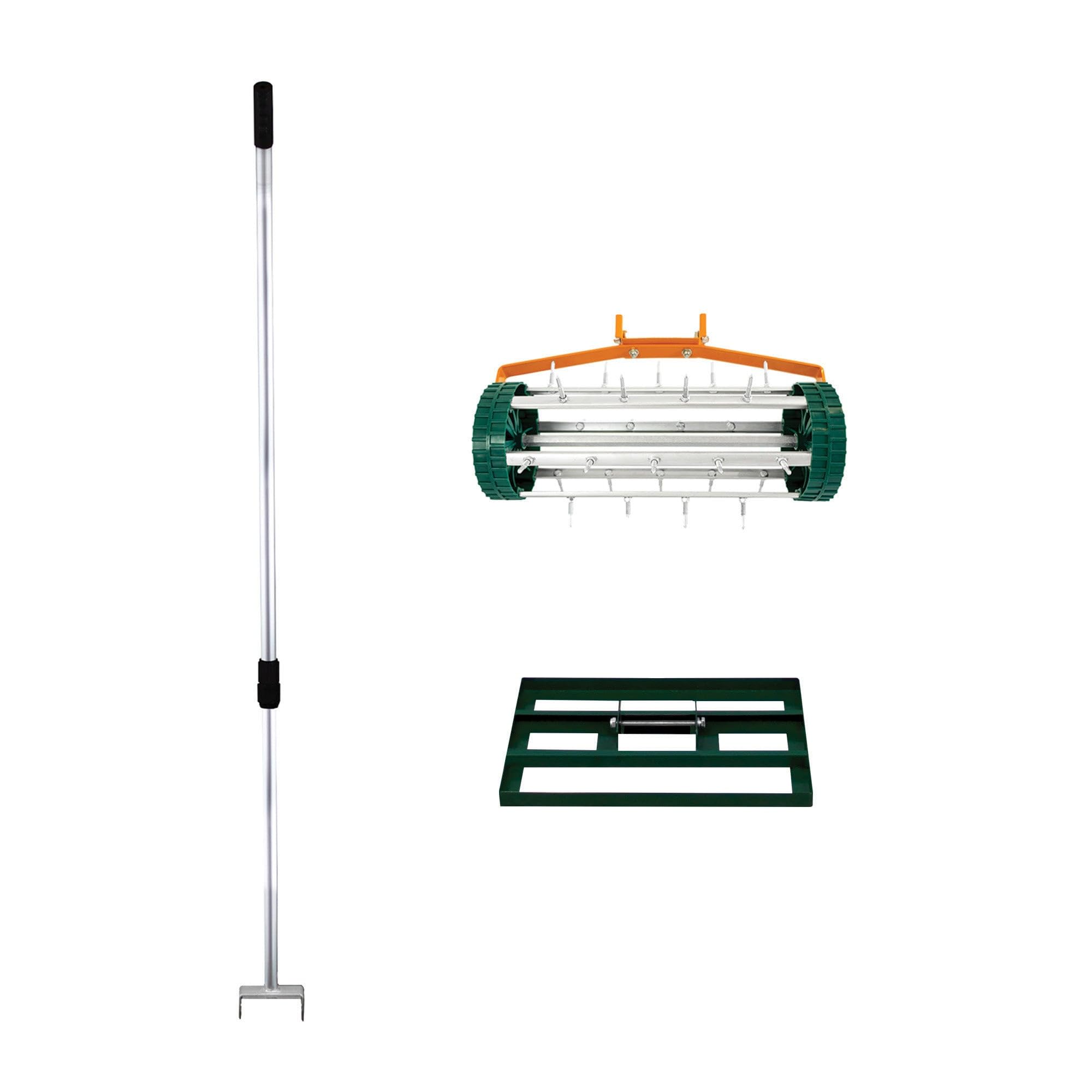SET Nivelador de Césped 50x32cm + Aireador Manual Rodante de Césped 42cm ancho (Púas 3.8cm) | VERDE| Acero | Mango Extensible 1.15-1.9m | Aluminio | Jardinería Paisajismo Cultivo Exteriores