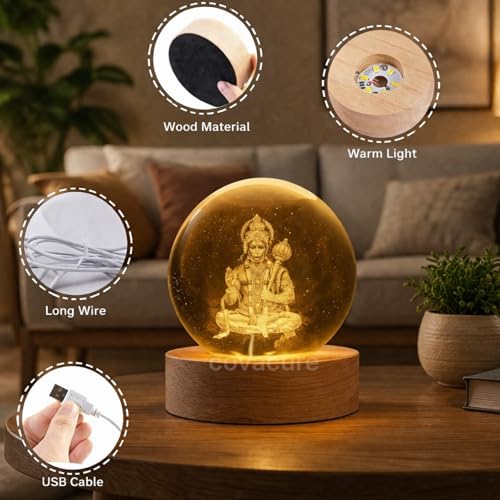Image of COVACURE 3D Hanuman Crystal Ball Night Lamp, Solar System Hanuman Idol Crystal Ball Night Light, USB Table Colorful LED Wooden Base Lamp for Home, Office, Birthday Gift