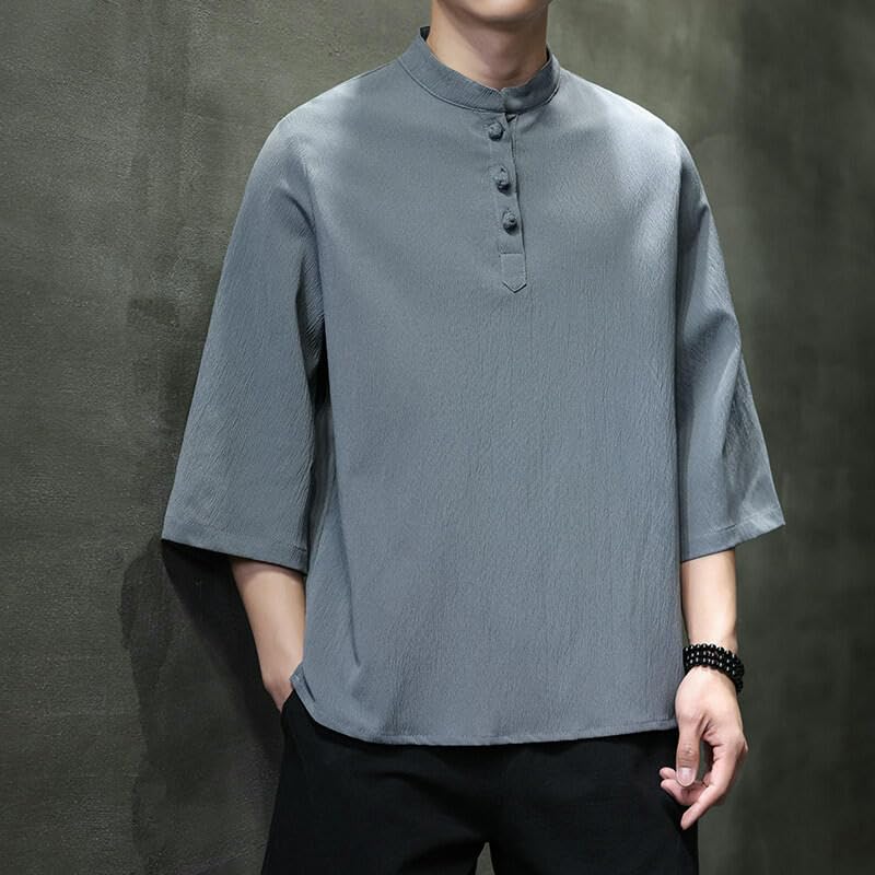 Chemise d'été homme lin ample à col montant rétro chic