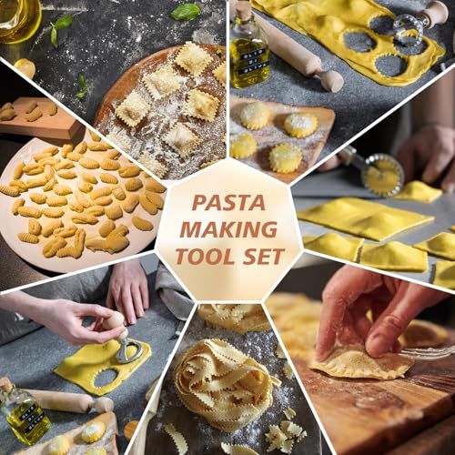 9 Pcs Pasta Making Tools - Wooden Gnocchi Board, Wooden Pasta Cutter, Wooden Rolling Pin, Ravioli Stamp Maker Cutters and Roller Wheel Set for Homemade Gnocchi Pasta Ravioli Making