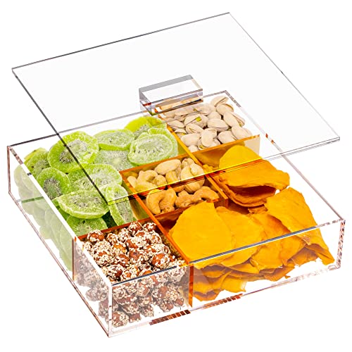 Elavain Snack-Serviertablett mit Deckel - geteiltes Vorspeisen-Serviertablett-Set, leere Geschenkbox für Nüsse & trockenes Obsttablett, Gemüse-Servierplatte, Acryl klar-gold, 5 Fächer Cover