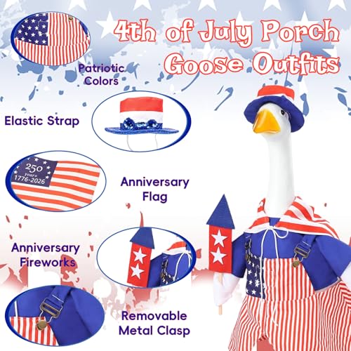 GJL 4th of July Porch Goose Outfits for 250th Independence Day Decorations, Patriotic Goose Clothes with Hat & Cape for 23 Inch Cement Plastic Goose Statue Yard Lawn Decor