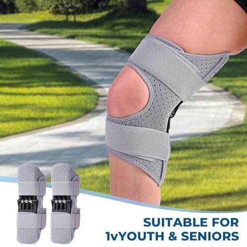 Image of Spring Knee Brace Support for Men & Women - Adjustable Patella Knee Stabilizer with Spring-Loaded Support for Running, Squats, Stair Climbing & Daily Activities (Grey or Black, 1 Pc)