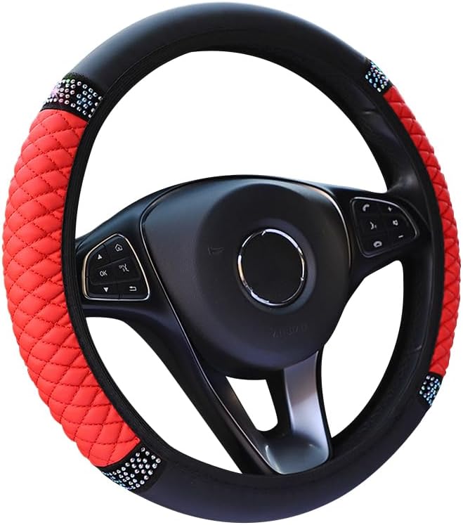 Funda de cuero con diamantes para volante, de cuero suave y brillante para mujeres y niñas, universal de 15 pulgadas, transpirable, antideslizante,