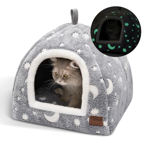 CATISM Fluoreszierende Katzenhöhle - 40x40x38cm Leuchtend Katzenbett Katzenhaus Kuschelhöhle, Faltbar Waschbar Bequemer Katzenschlafplatz für...