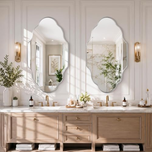 Image of Scalloped Silver Bathroom Mirror, Irregular Wall Decorative Mirror | Brushed Metal Frame, HD Glass Decorative Mirror for Wall Decor, Vanity Mirror for Living Room Entryway (20 inch x 36 inch, 1 Pack)
