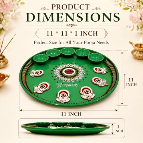 Image of Trendifly Mint Green Metal Pooja Thali Set with 5 Diya Holder | Mirror Stone Work Puja Aarti Thali Set for Home Mandir Temple Room | Home Ceremony Pooja Wedding Baby Shower Festival Return Gifts