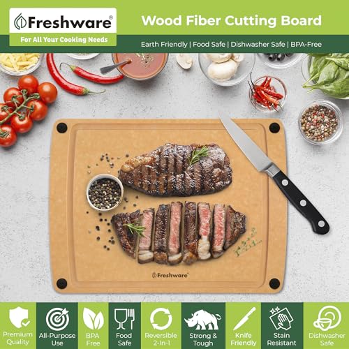 Freshware Wood Cutting Board for Kitchen, Juice Groove, Non-Slip Silicone Feet, Dishwasher Safe, X Large, 18" x 13", Natural - Thumbnail 2