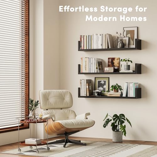 Image of Wall Bookshelf, Set of 3, U Shaped Floating Bookshelf, Hanging Bookshelves for Wall, Wall Mounted Shelves for Living Room Bedroom Office (Black, 23.6 Inches, 3)