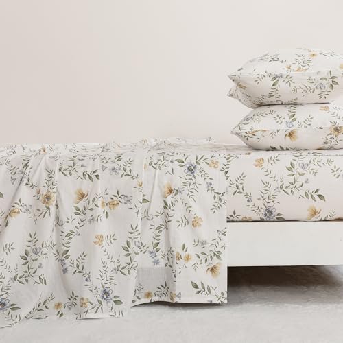 Image of FADFAY Double Gauze 100% Cotton Queen Sheets Set Floral Bed Sheets Deep Pocket Fitted Sheet, Luxury Botanical Pattern Cottagecore Style
