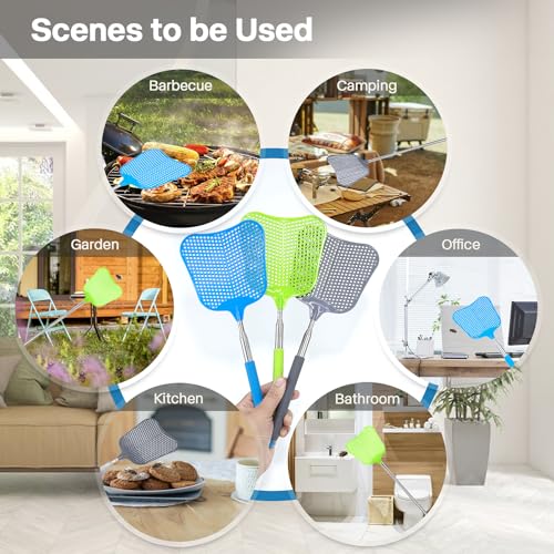 Telescopic Fly Swatter, Hiway 3 Pack Fly Swatter for Indoors Plastic Flyswatter Heavy Duty with Stainless Steel Telescopic Handle Ideal for Summer Home/Indoor/Outdoor/Classroom/Office