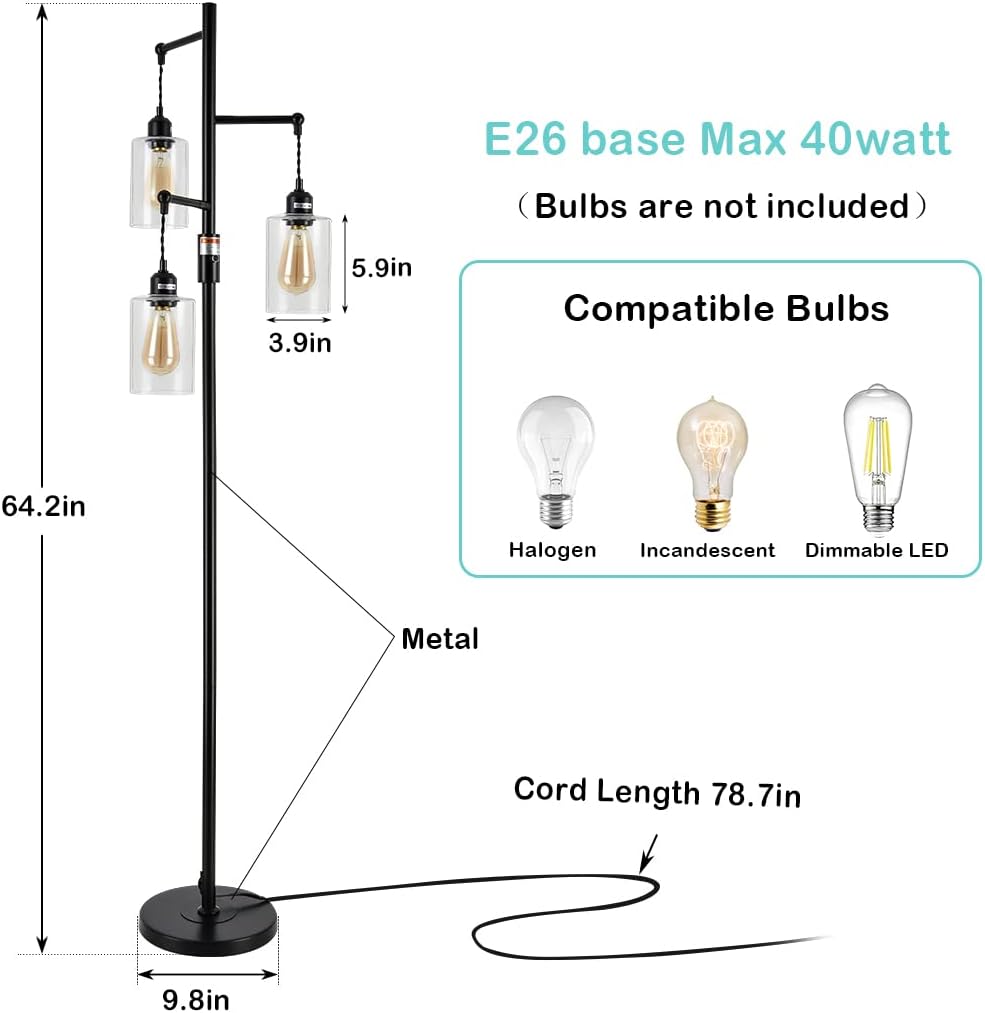 Airposta Industrial Floor Lamp with On/Off Dimmable Switch, 3-Head Rustic Tree Standing Lamp, Edison Bulb 40W Retro Tall Glass Floor Light for Living Room, Reading, Office, Bedroom, Black
