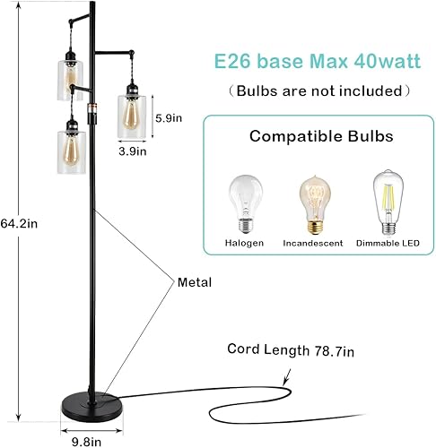 Miniatura 5 de Airposta Lámpara de pie industrial con interruptor regulable de encendidoapagado, lámpara de pie de árbol rústico de 3 cabezales, bombilla Edison de