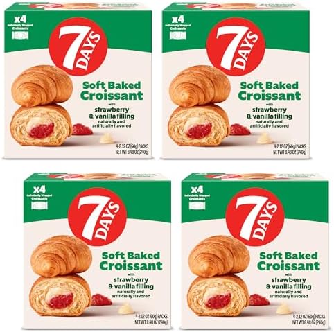 7Days Soft Croissant Multipacks (16 Pack), Strawberry Vanilla, 4 Boxes, Non-GMO Breakfast Pastry (2.12oz, Pack of 16)