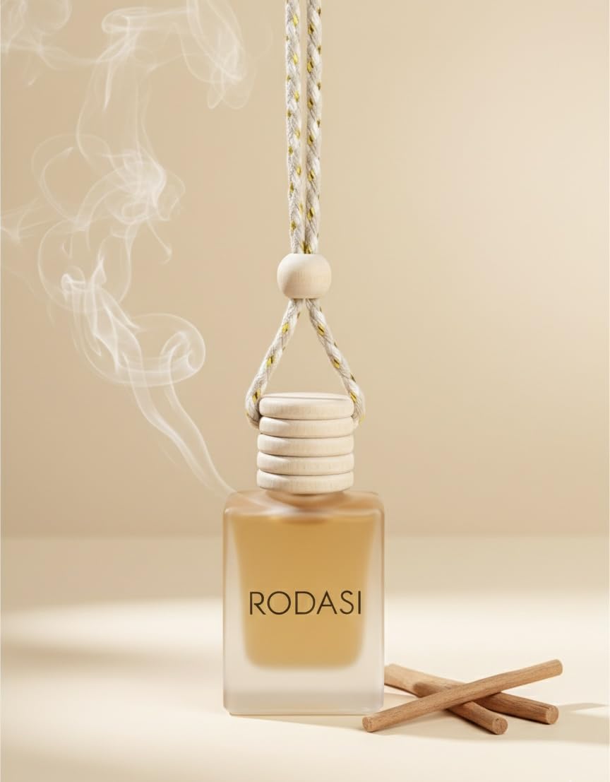 Rodasi Sandalwood Car Air Freshener | Hanging Car Perfume with Essential Oils | Long-Lasting Aroma in Glass Bottle with Wooden Diffuser Lid | 10ml Hanging Car Scent (Pack of 1)-image-16