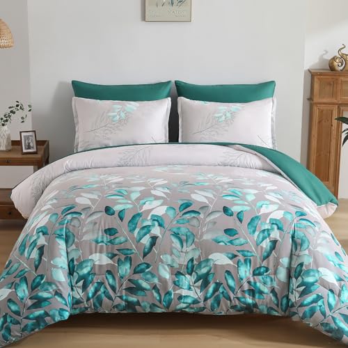 Anibedding Teal Green Floral Comforter Set Queen 7 Piece
