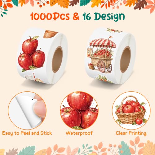Image of Fall Apple Self Adhesive Sticker for Laptop Water Bottle Scrapbook | Watercolor Painting Style Apple Self Adhesive Backing for Gift Tag Label Phone Case Notebook Accent Classroom Reward