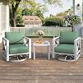 3 Piece Aluminum Rocking Patio Furniture Set, Modern Outdoor Patio Conversation Sets with Ergonomic Swivel Chairs, 6" Thick Washable Cushions and Coffee Table for Balcony, Porch, Backyard,White