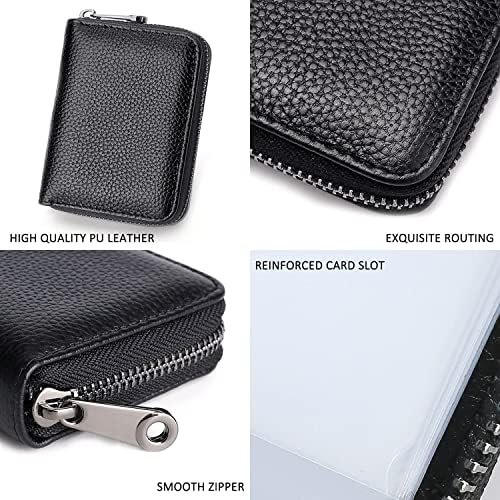 1 Credit Card Holder RFID Blocking PU Leather Wallet Purse with Zipper, and 1 Small Soft Leather Card Case Slim Pocket Wallet ID Card Organiser with 12 Insert Sleeves for Women Men