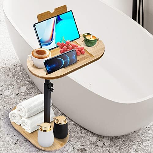 Bamboo Bathtub Tray Table with Adjustable Height, Freestanding Bath Caddy Tray for Tub Against Wall, Bathtub Side Table with 5 Compartments, Great for Luxury Bath Home Spa
