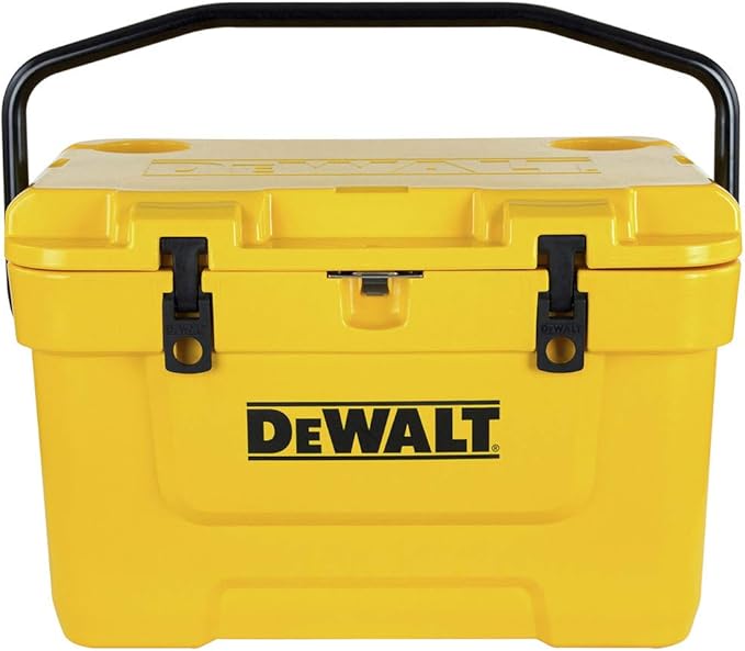DeWalt yellow 25 quart roto molded cooler with heavy metal handle
